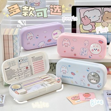 超能裝🎀可愛雙層文具盒鉛筆盒ins女孩款收納盒卡通小學生兒童大容量筆g02  大容量分層桌上收納文具盒簡約 學生文具,