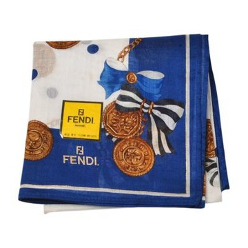 FENDI 白底藍蝴蝶結珠寶品牌字母LOGO圖騰帕巾(46CM)