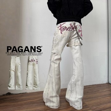【PAGANS STORE】美式 復古 西岸 字母 刺繡 十字架 做舊 染髒 微喇叭 牛仔褲 牛仔 長褲
