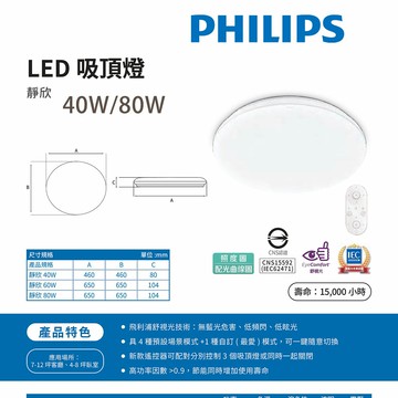 〖飛利浦 PHILIPS〗LED 靜欣 40W/80W 遙控調光調色吸頂燈 〖永光燈飾〗
