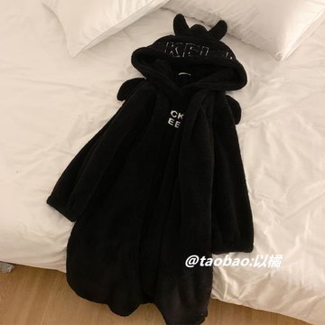 小惡魔連帽情侶睡衣女冬季加厚加絨長款睡袍男可外穿黑色網紅睡裙