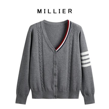 MILLIER 春秋新款麻花四條杠針織開衫女韓版TB學院風百搭毛衣外套