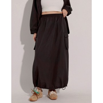 AIR SPACE PLUS 2WAY抽繩下擺工裝風鬆緊長裙(黑/綠) 女裝 現貨 大尺碼 中大尺碼