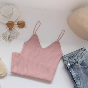 MUMU【T88637】細肩帶針織V領小背心 - 粉 舒適吊帶背心 上衣 小可愛 女裝 背心 快速出貨