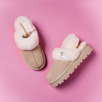 【日本京都聯名】HAPPYFACE 冬日浪漫2WAY繫帶穆勒雪靴 卡其 (7E3081)