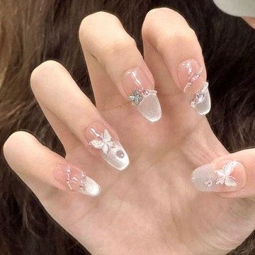 🌸纯手工甲🌸純手工穿戴仙氣新款溫柔貓眼美甲珍珠蝴蝶高階氛圍立體指甲貼片