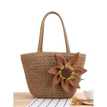 兩件包郵 時尚大花朵草編包向日葵沙灘包單肩女包麻質度假編織包