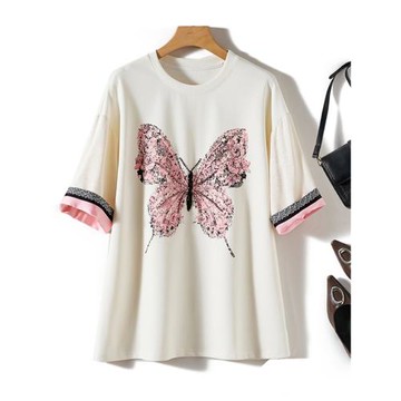 炸街爆款~舒適柔軟短袖T恤衫燙鉆蝴蝶印花亮鉆中長款落肩大碼上衣