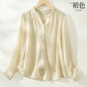 初色 法式簡約純色肌理感寬鬆小花邊V領開襟排釦長袖襯衫上衣女上衣-共2色-10193(M-2XL可選)