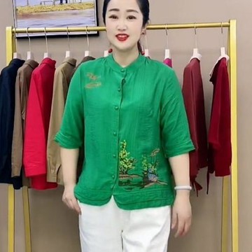 新款開衫百搭刺繡棉麻七分袖上衣中老年女中國民族風大碼襯衫復古