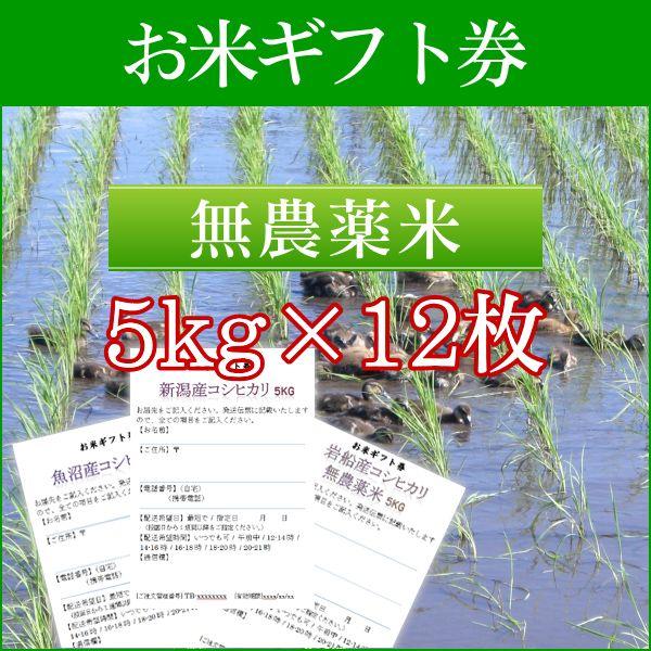 お米ギフト券 農薬無使用米コシヒカリ 5kg×12枚／お米 米 ギフト 新潟米 お米券 目録 引換券 景品 二次会 ゴルフ 内祝い お祝い お返し 香典返し 熨斗 名入れ