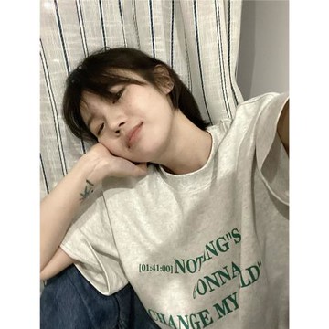 美式復古字母印花燕麥灰拼色短袖t恤夏季新款寬松顯瘦百搭上衣ins