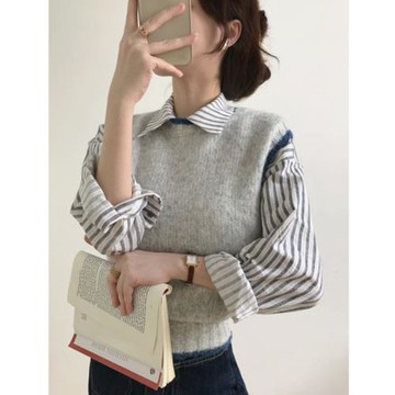 法式復古高級感針織馬甲兩件套女時尚寬松疊穿襯衫坎肩背心套裝潮