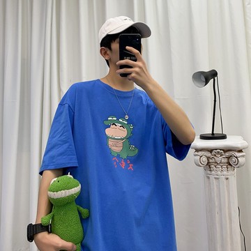 ins印花短袖T恤男潮牌五分袖潮流夏季港風寬松學生帥氣半袖bf上衣