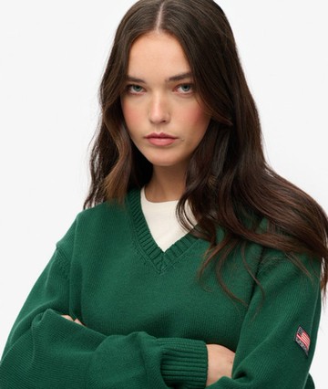 Superdry Women's Oversized V Neck Jumper Green Size: 10