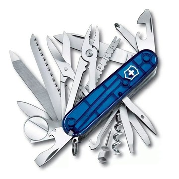 【Victorinox 瑞士維氏】瑞士刀 SWISS CHAMP冠軍刀 33用-透藍(1.6795.T2)【墊腳石】