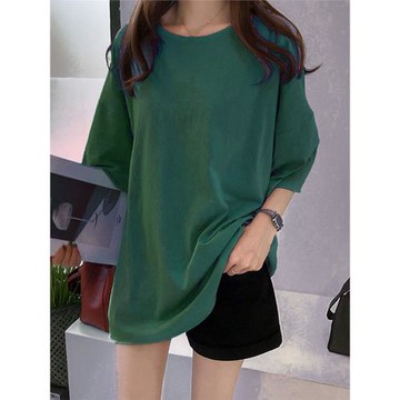 韓版夏胖MM200斤純色寬松短袖T恤女純棉大碼中長款墨綠色顯瘦半袖