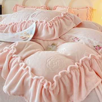 公主風雕花牛奶絨床上四件套冬季加厚珊瑚絨床單被套三件套法蘭絨