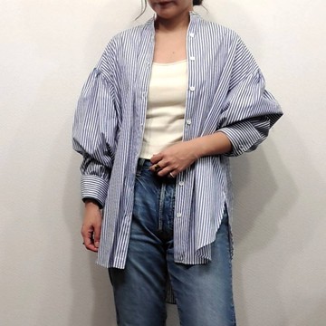 日本製 棉質 喇叭袖襯衫 罩衫 寬領條紋藍