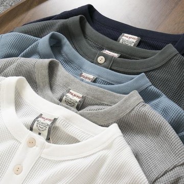 口碑好貨！華夫格亨利領男士純色寬松針織套頭打底衫休閑長袖T恤