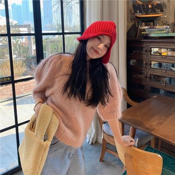 馬海毛中袖毛衣女圓領套頭泡泡袖獨特別致絕美洋氣針織衫上衣氣質