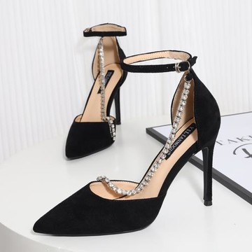 春季高跟鞋女尖頭黑色氣質中空職業細跟水鉆鏈條一字扣帶單鞋女鞋