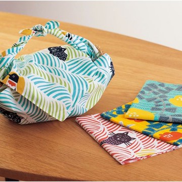 京都風呂敷包巾-katakata  二巾-貓咪和鳥兒-綠