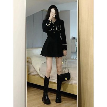 套裝女春秋2025新款高級感黑色小香風外套半身裙子休閑時尚兩件套