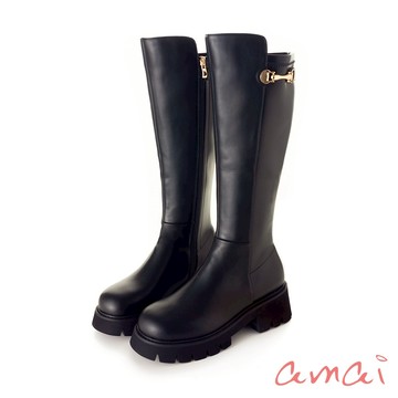 amai 優雅氣質馬銜釦輕量厚底長靴 高筒靴 厚底靴 瘦瘦靴 騎士靴 長筒靴 中跟 時尚 大尺碼 黑色 L-2414BK