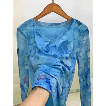 歐洲站歐貨春季女裝2024新款獨特別致網紗上衣洋氣減齡打底V領t恤