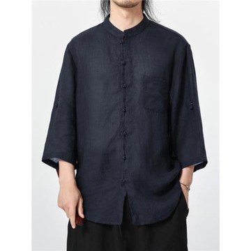 夏季輕薄透氣純苧麻七分袖襯衫男高端小衫盤扣唐裝新中式國風上衣