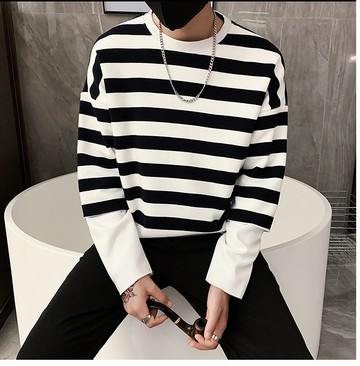FINDSENSE X  男士假兩件條紋拼接套頭圓領T恤
