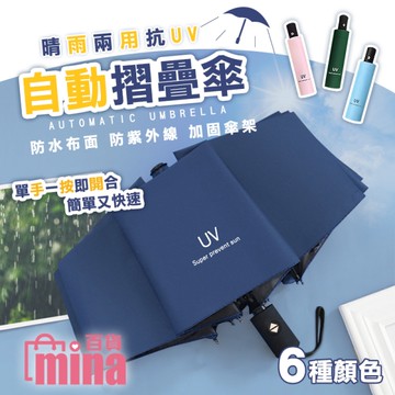 [滿額免運]抗UV自動雨傘 晴雨兩用 黑膠遮陽傘 摺疊傘 折疊傘 八骨 輕量(mina百貨)【F0553】