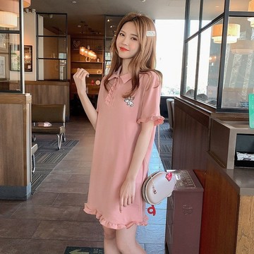 SY韓版洋裝短袖連衣裙女夏季新款顯瘦大碼連身裙寬鬆學生小清新中長款超僊T恤裙子翻領連身裙