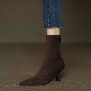 手工制作~線條女人~法式尖頭細跟彈力靴絨面短靴氣質高跟瘦瘦靴女