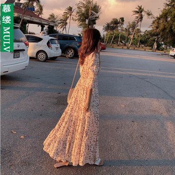 2023年春夏裝新款氣質雪紡連衣裙女收腰顯瘦過膝長裙大擺碎花裙子