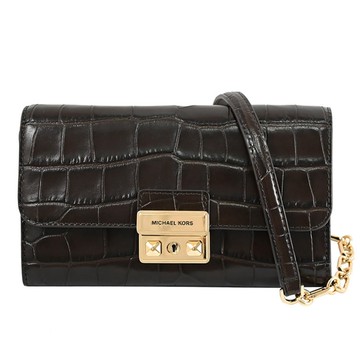 MICHAEL KORS TRIBECA 鱷魚壓紋翻蓋WOC斜背鍊包/晚宴包.深咖