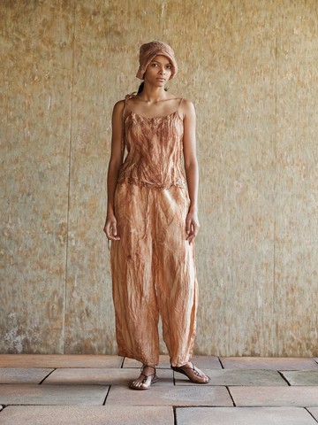 復古文青 桑蠶絲植物染褲子 直筒休閒褲