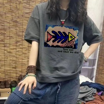 大尺碼女裝 短袖女 圓領上衣 印花上衣 t恤女 文藝印花短袖 棉質t恤 夏季上衣 新款時尚百搭 寬鬆顯瘦上衣 潮t 女t