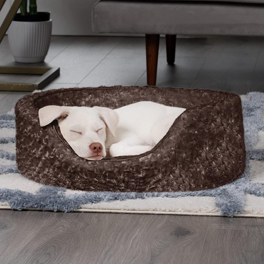 Furhaven Small Dog Bed Ultra Plush Curly Faux Fur Oval Lounger w