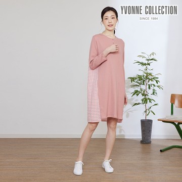 YVONNE 以旺傢飾 皺皺提花拼接半開襟長袖洋裝-薔薇粉