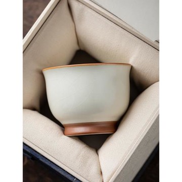 米黃汝窯主人杯單杯開片可養喝茶盞大號個人專用陶瓷品茗杯功夫具