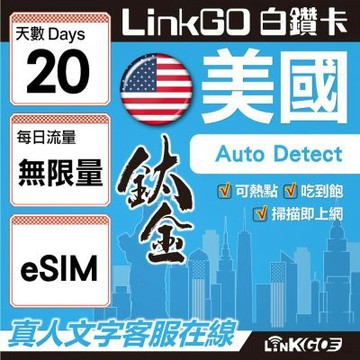 LinkGO白鑽卡 美國 eSIM卡 20天鈦金款吃到飽不降速 高速流(美國網卡 舊金山 洛杉磯 紐約 西雅圖)