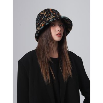 新款民族風西藏羊羔毛漁夫帽女寬帽檐顯臉小盆帽秋冬加厚保暖帽子