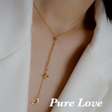 Pure Love樂芙 / 正韓 鈦鋼【316L醫療鋼】G0108星星月亮可調式吊墜鎖骨鏈 短項鏈 / 金