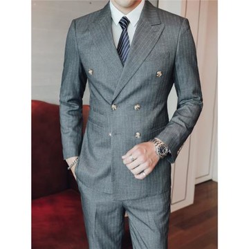男士商務休閑時尚雙排扣條紋西裝套裝修身大碼新郎結婚西服禮服男