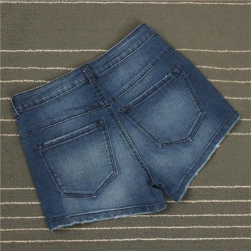 夏季藍色水洗磨白破洞三扣款直筒牛仔短褲熱褲寬松百搭女中小碼