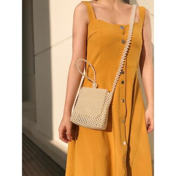 黃色珍珠包女小斜挎編織包手提包網紅ins復古手工串珠包百搭女包