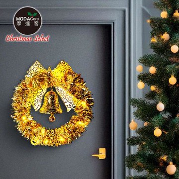 摩達客11吋(多款可選)金蔥彎絲聖誕花圈+20燈LED暖白光燈串_本島免運費