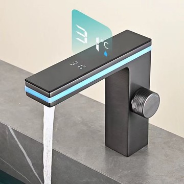 跨境全銅智能氛圍燈數顯面盆龍頭洗手間浴室櫃洗手池臺下盆水龍頭{鑫弘-工葉電器}可開發票